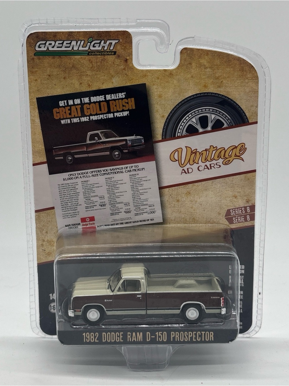 GreenLight Vintage Ad Cars Brown 1982 Dodge RAM D-150 Prospector 1:64 Series 8